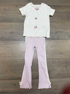 Zara Cream Short Sleeve Top & Light Pink Ribbed Pants Two-Piece Set